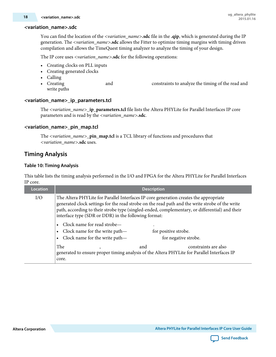 Variation_name>.sdc, Variation_name>_ip_parameters.tcl, Variation_name>_pin_map.tcl | Timing analysis | Altera PHYLite User Manual | Page 18 / 61