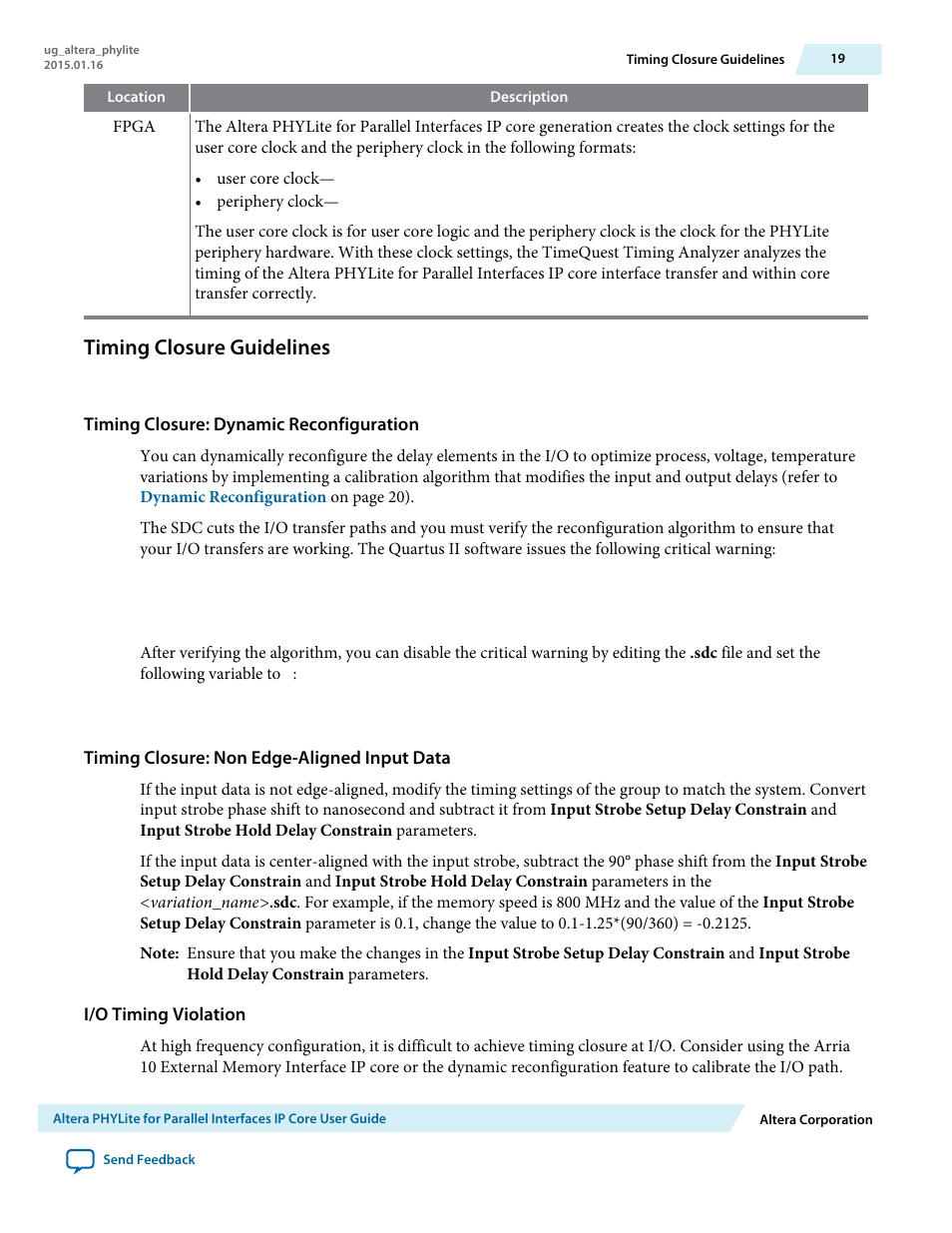 Timing closure guidelines, Timing closure: dynamic reconfiguration, Timing closure: non edge-aligned input data | I/o timing violation | Altera PHYLite User Manual | Page 19 / 61