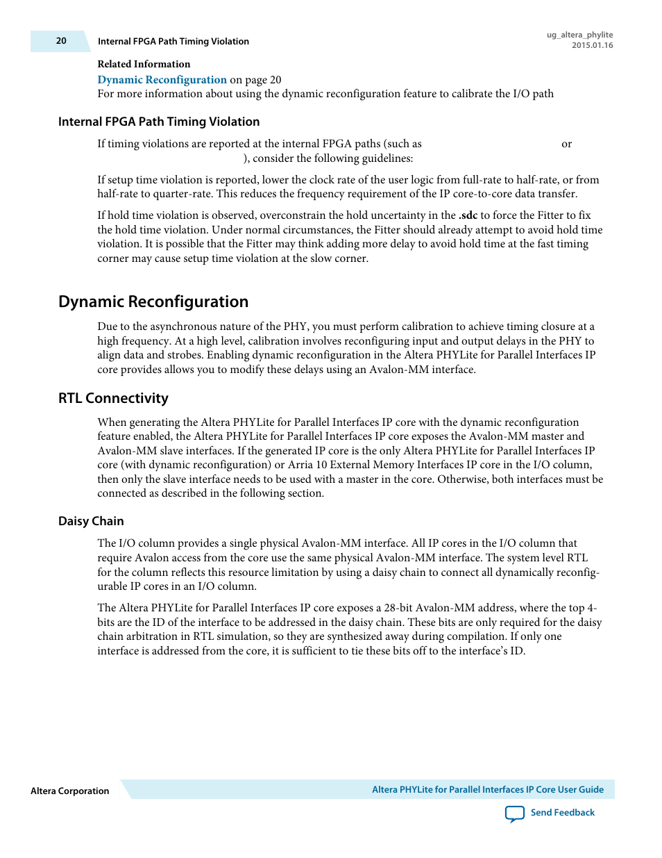 Internal fpga path timing violation, Dynamic reconfiguration, Rtl connectivity | Daisy chain | Altera PHYLite User Manual | Page 20 / 61