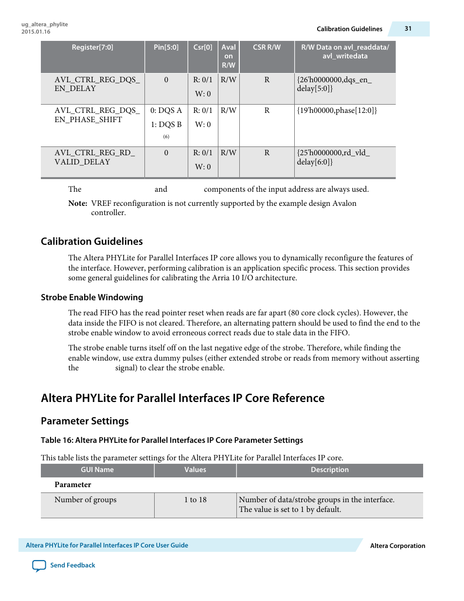 Calibration guidelines, Strobe enable windowing, Parameter settings | Altera PHYLite User Manual | Page 31 / 61