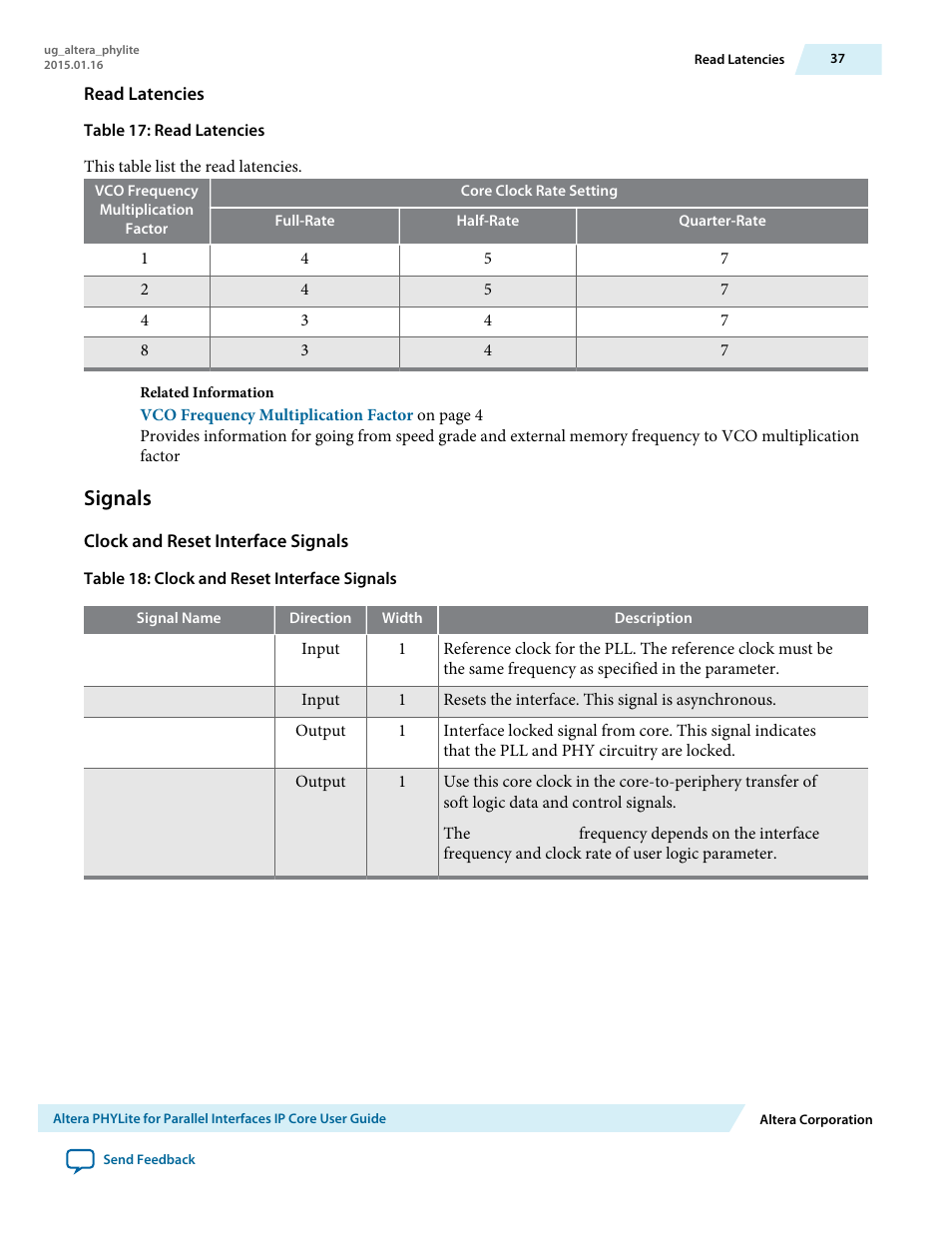 Read latencies, Signals, Clock and reset interface signals | Altera PHYLite User Manual | Page 37 / 61