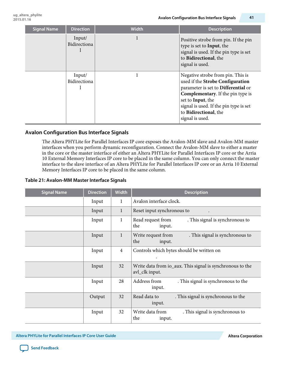 Avalon configuration bus interface signals | Altera PHYLite User Manual | Page 41 / 61