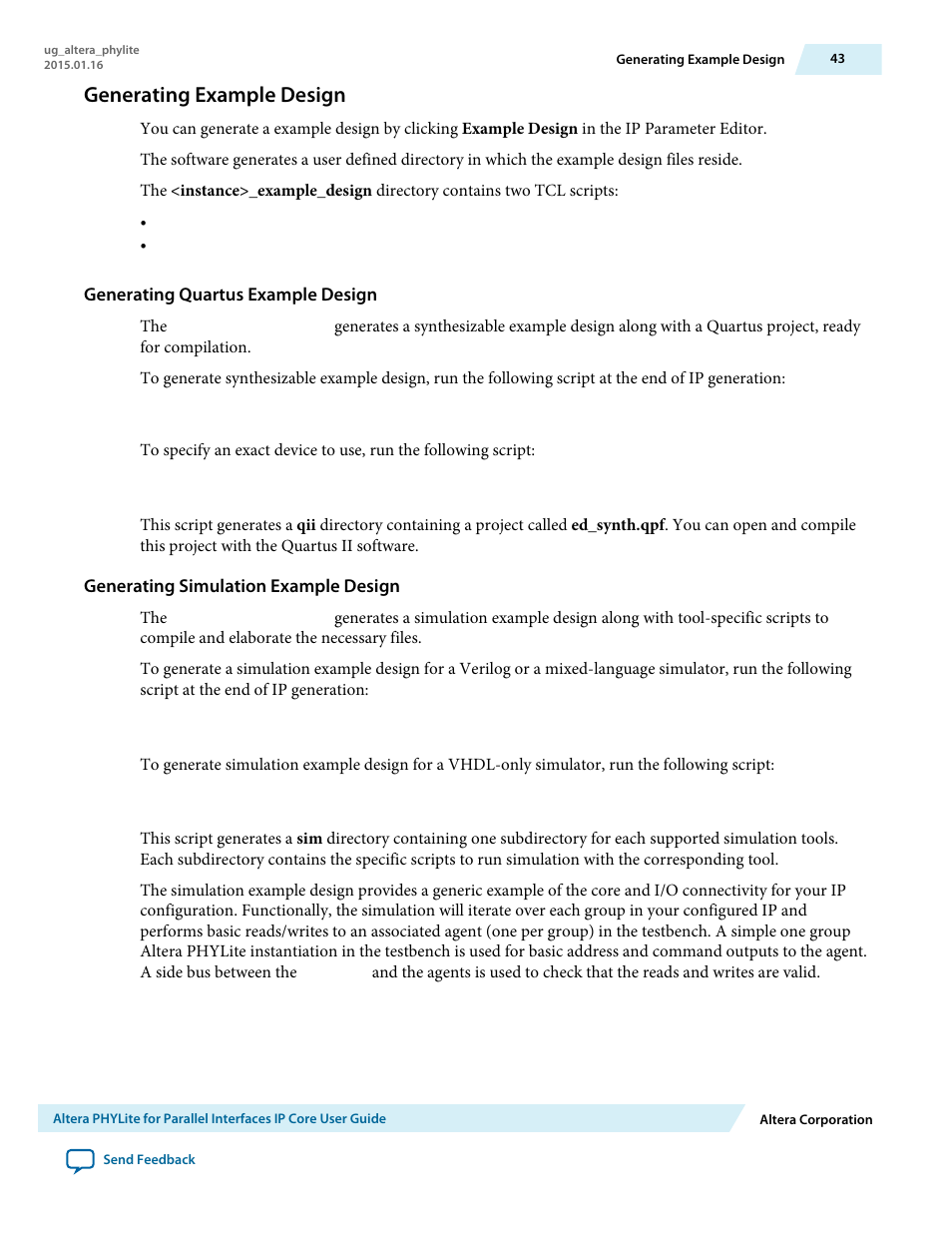 Generating example design, Generating quartus example design, Generating simulation example design | Altera PHYLite User Manual | Page 43 / 61