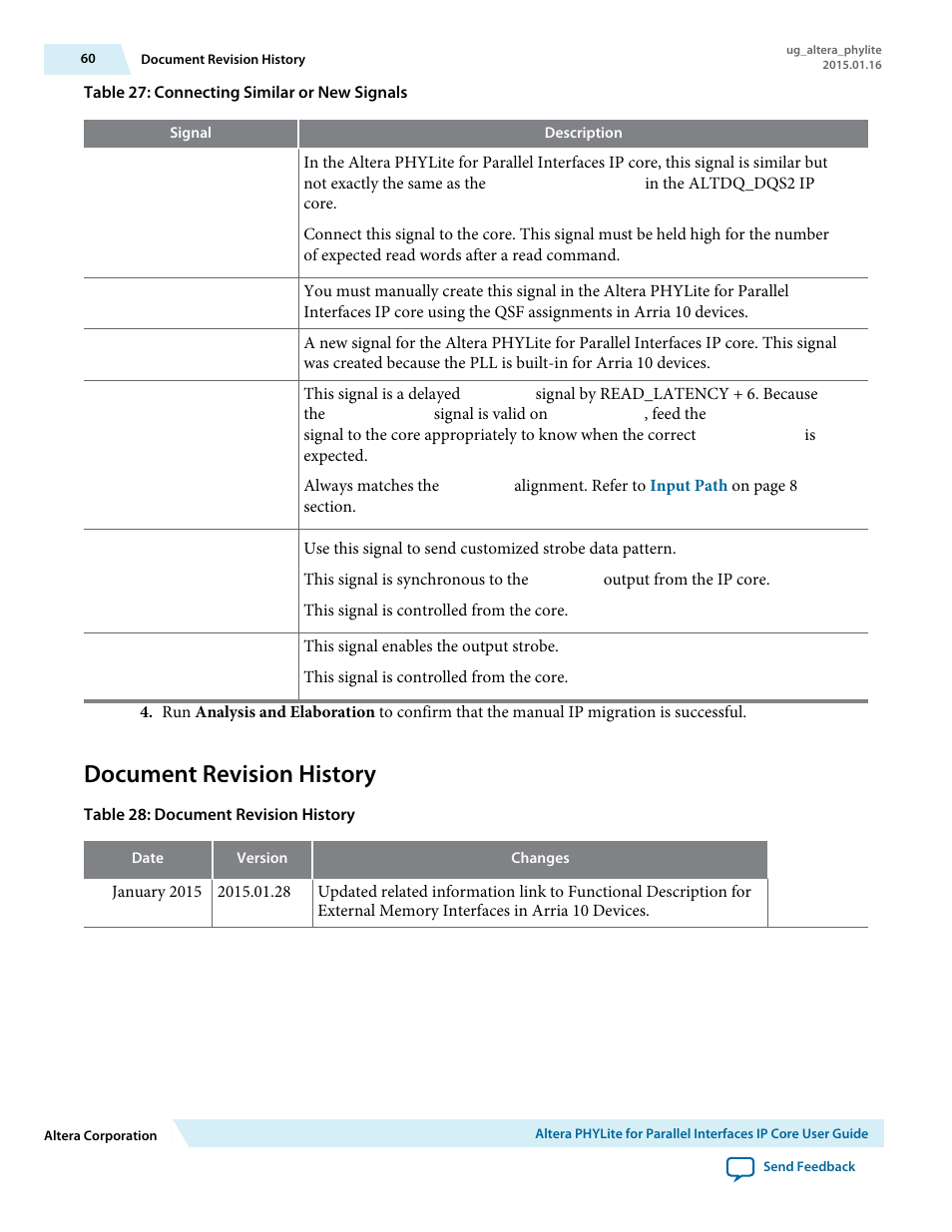 Document revision history | Altera PHYLite User Manual | Page 60 / 61