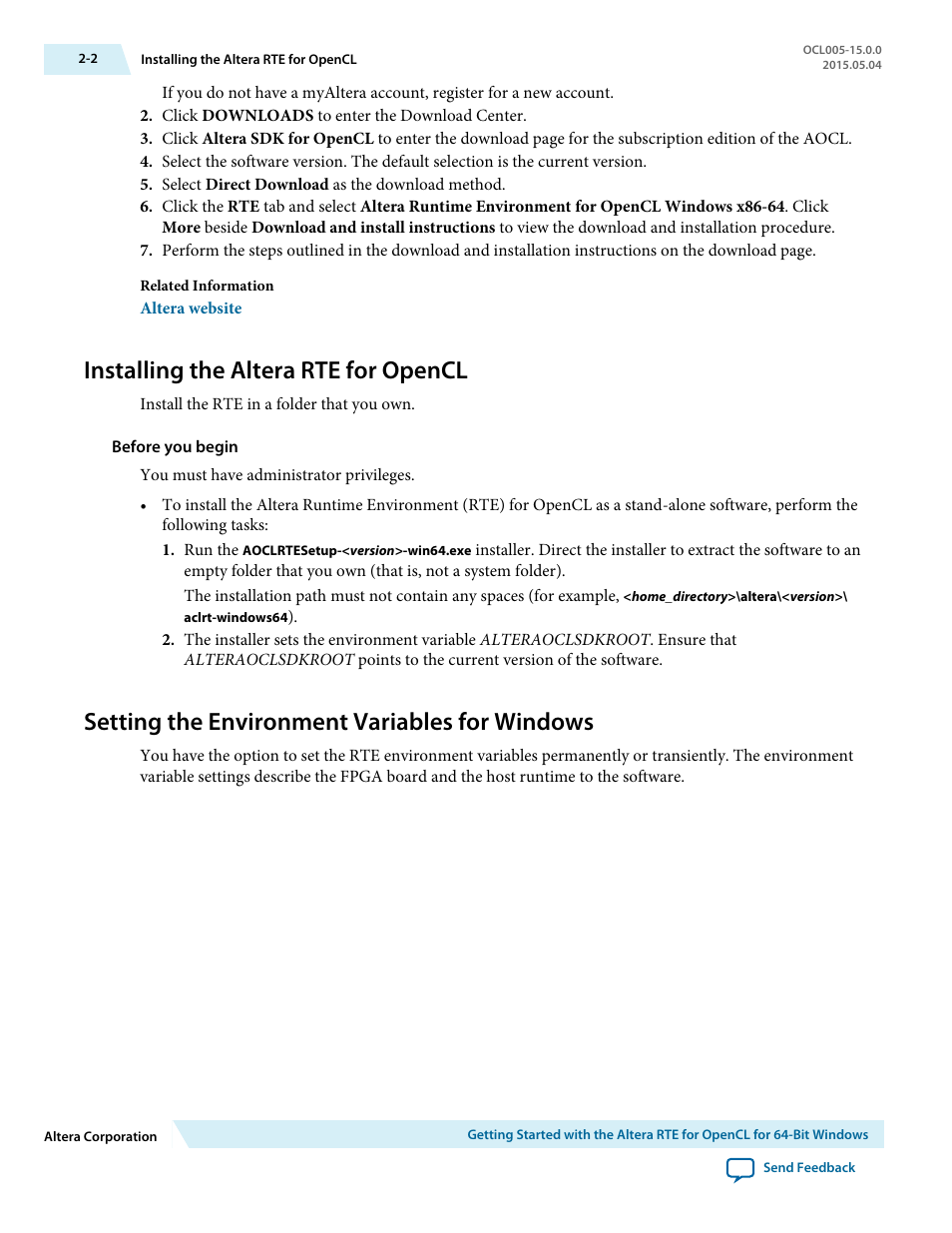 Installing the altera rte for opencl, Setting the environment variables for windows, Installing the altera rte for opencl -2 | Setting the environment variables for windows -2 | Altera RTE for OpenCL User Manual | Page 11 / 53