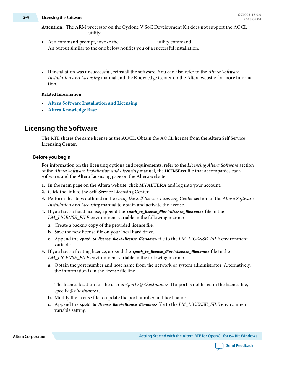 Licensing the software, Licensing the software -4 | Altera RTE for OpenCL User Manual | Page 13 / 53