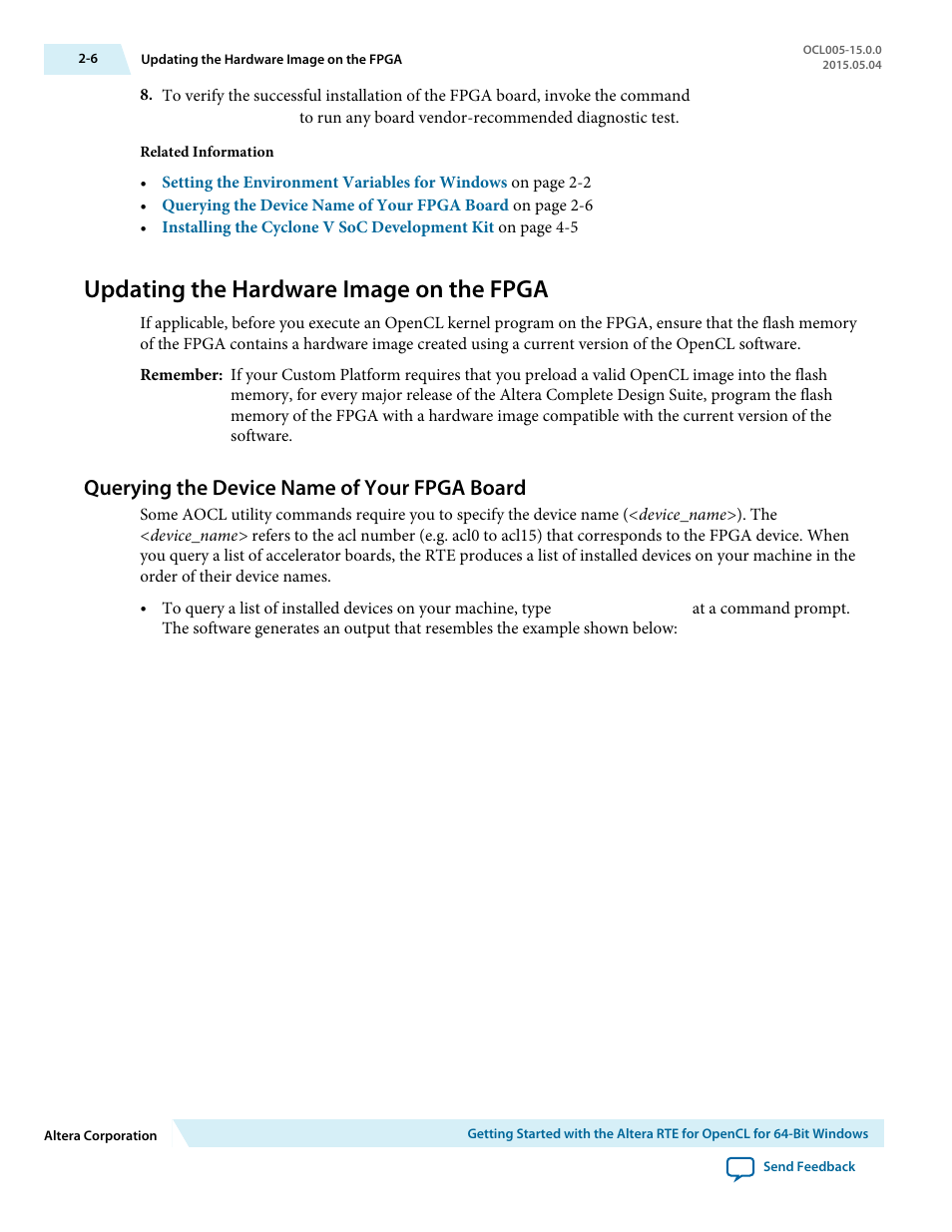 Updating the hardware image on the fpga, Querying the device name of your fpga board, Updating the hardware image on the fpga -6 | Querying the device name of your fpga board -6 | Altera RTE for OpenCL User Manual | Page 15 / 53