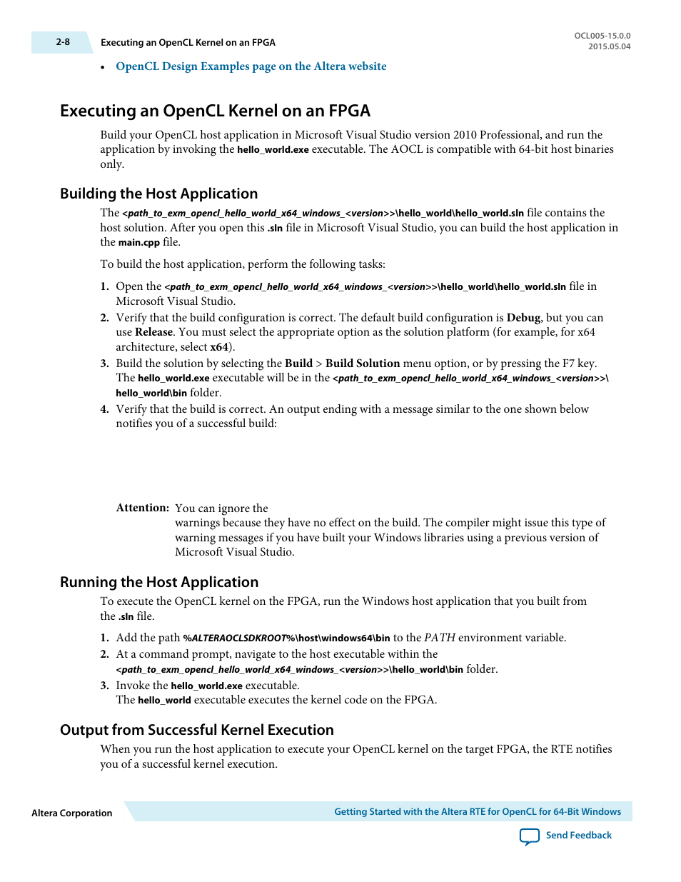 Executing an opencl kernel on an fpga, Building the host application, Running the host application | Output from successful kernel execution, Executing an opencl kernel on an fpga -8, Building the host application -8, Running the host application -8, Output from successful kernel execution -8 | Altera RTE for OpenCL User Manual | Page 17 / 53