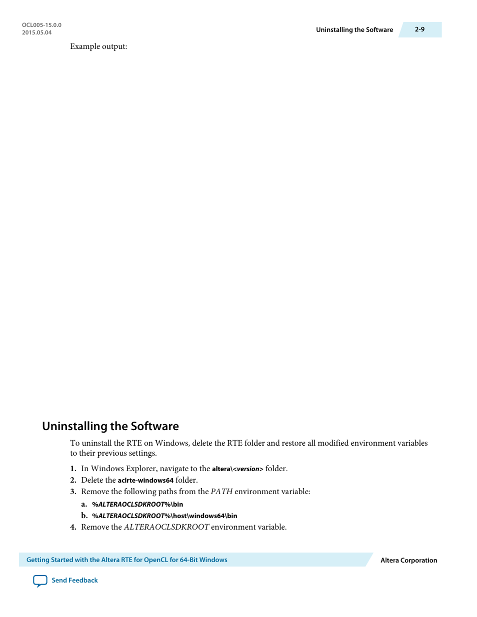 Uninstalling the software, Uninstalling the software -9 | Altera RTE for OpenCL User Manual | Page 18 / 53