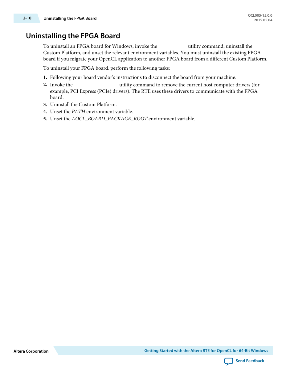 Uninstalling the fpga board, Uninstalling the fpga board -10 | Altera RTE for OpenCL User Manual | Page 19 / 53