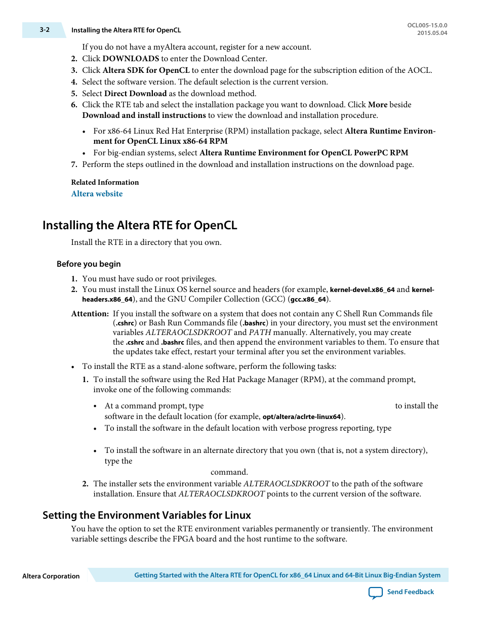 Installing the altera rte for opencl, Setting the environment variables for linux, Installing the altera rte for opencl -2 | Setting the environment variables for linux -2 | Altera RTE for OpenCL User Manual | Page 21 / 53