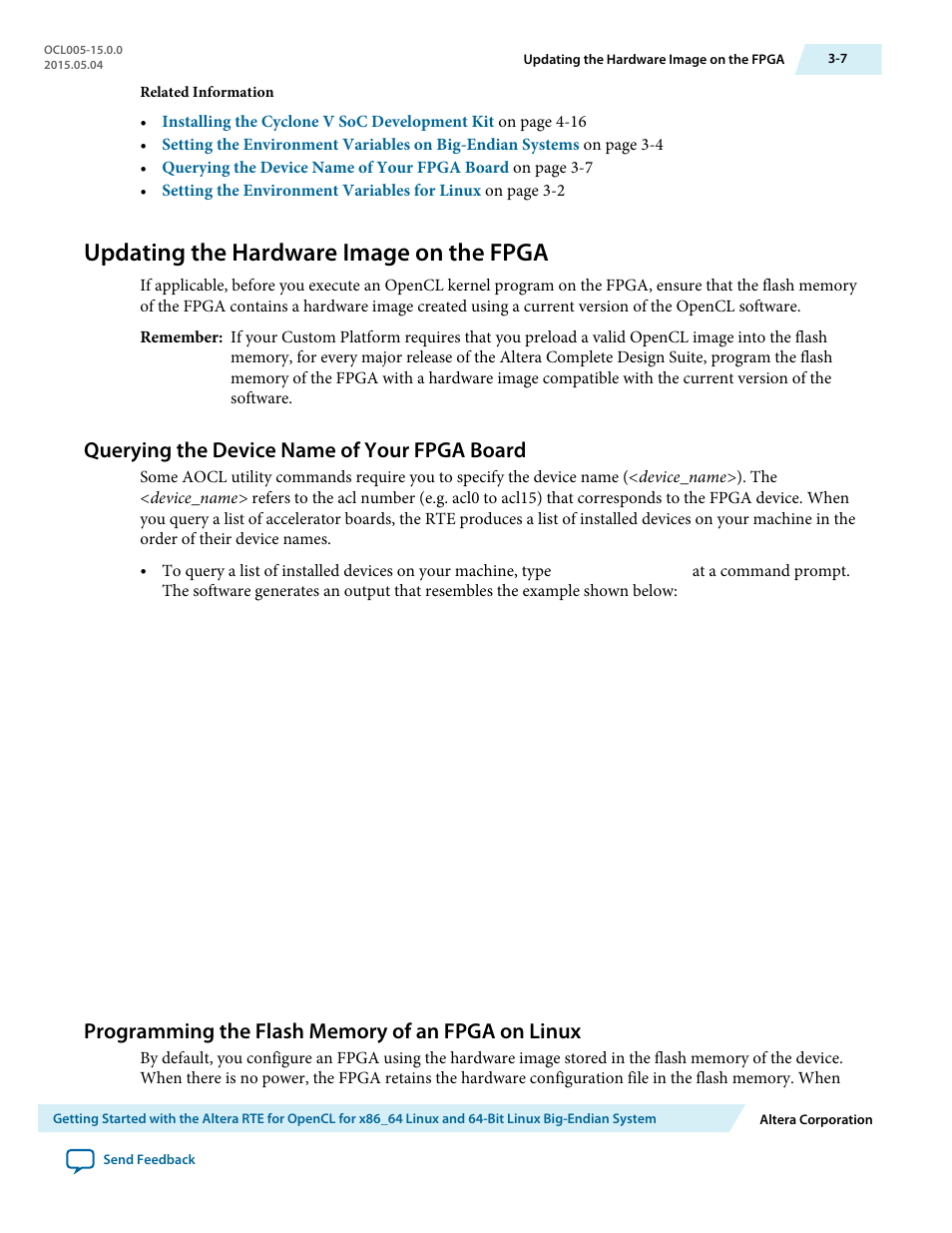Updating the hardware image on the fpga, Querying the device name of your fpga board, Programming the flash memory of an fpga on linux | Updating the hardware image on the fpga -7, Querying the device name of your fpga board -7 | Altera RTE for OpenCL User Manual | Page 26 / 53