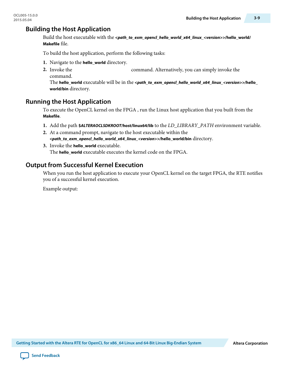 Building the host application, Running the host application, Output from successful kernel execution | Building the host application -9, Running the host application -9, Output from successful kernel execution -9 | Altera RTE for OpenCL User Manual | Page 28 / 53