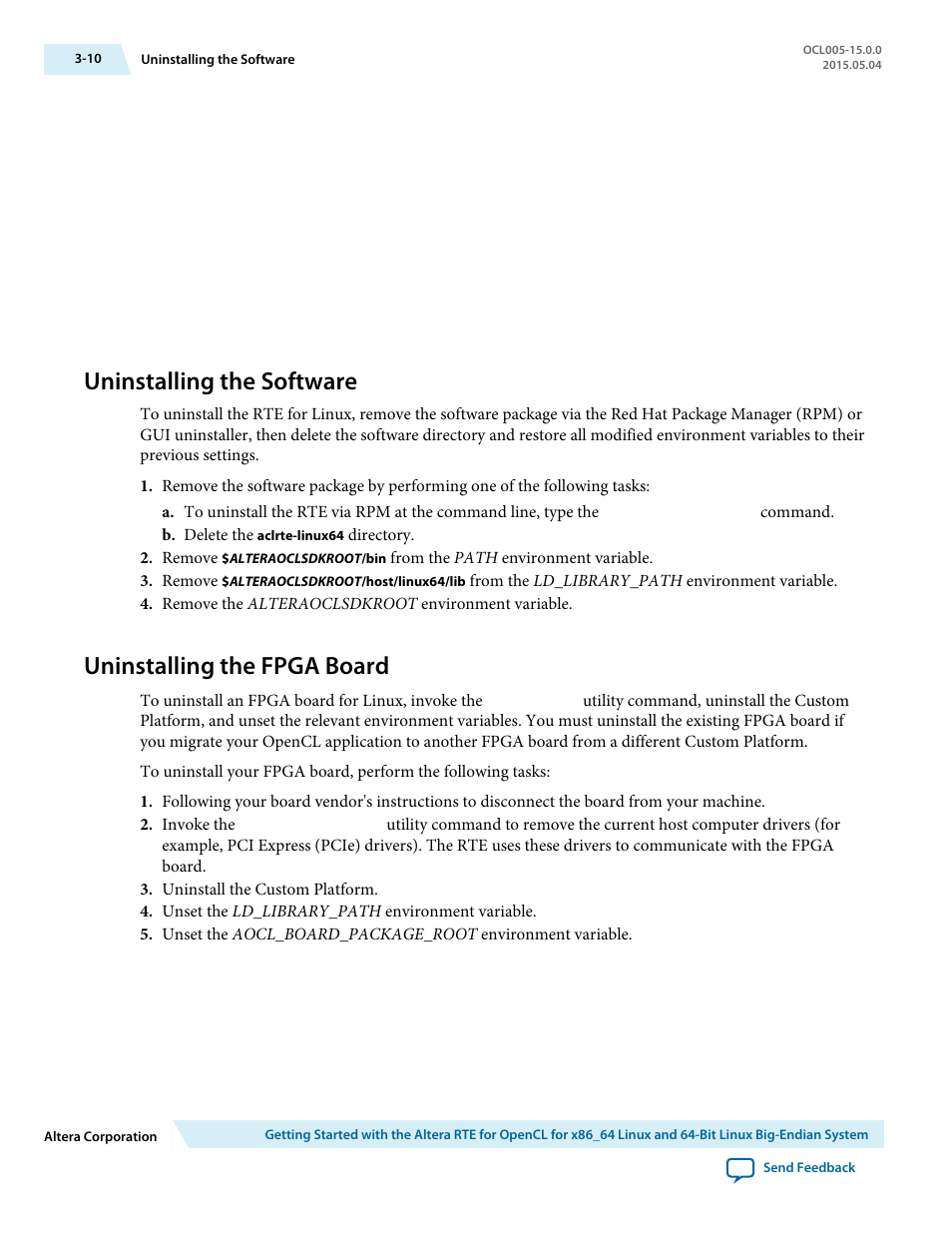 Uninstalling the software, Uninstalling the fpga board, Uninstalling the software -10 | Uninstalling the fpga board -10 | Altera RTE for OpenCL User Manual | Page 29 / 53