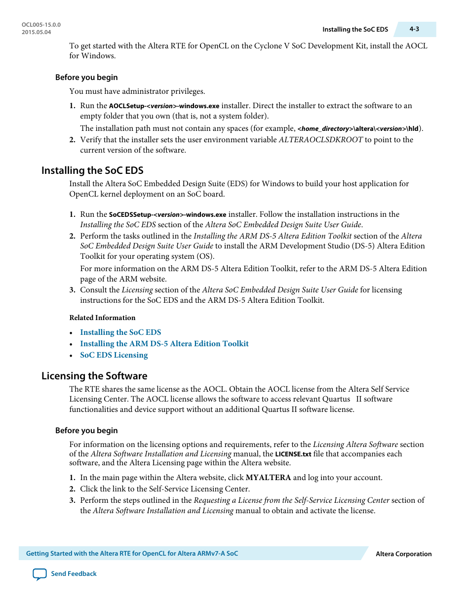 Installing the soc eds, Licensing the software, Installing the soc eds -3 | Licensing the software -3 | Altera RTE for OpenCL User Manual | Page 32 / 53