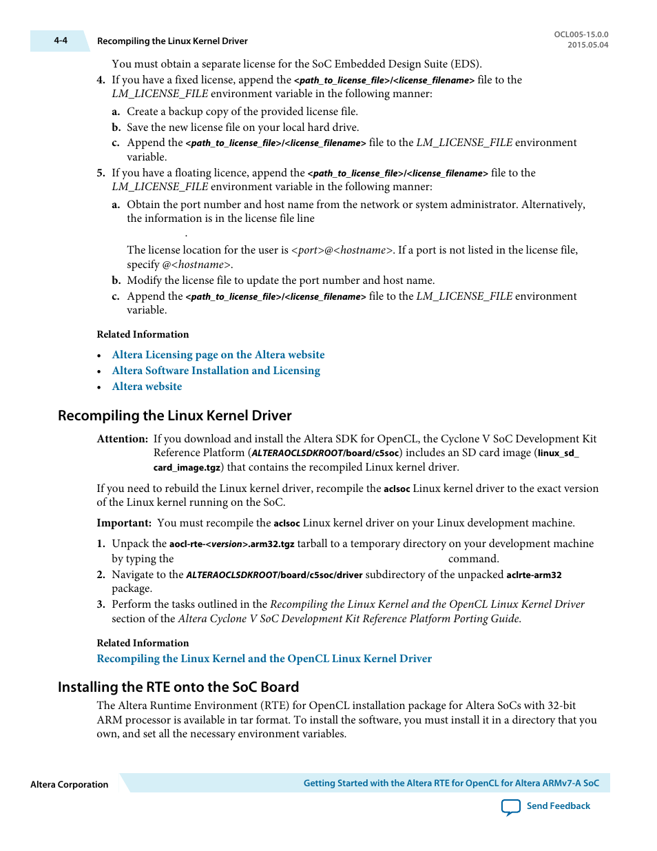 Recompiling the linux kernel driver, Installing the rte onto the soc board, Recompiling the linux kernel driver -4 | Installing the rte onto the soc board -4 | Altera RTE for OpenCL User Manual | Page 33 / 53