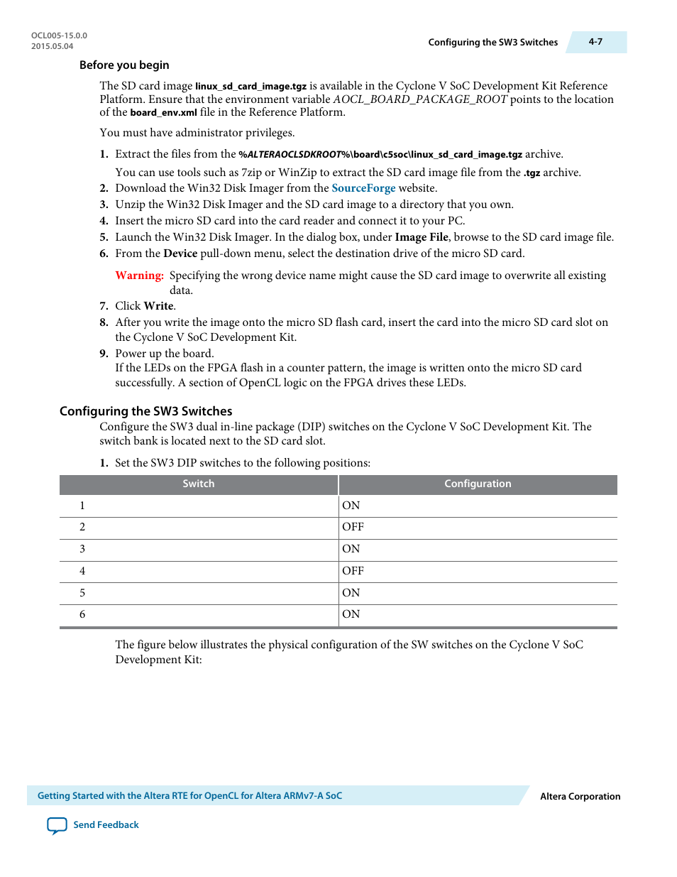 Configuring the sw3 switches | Altera RTE for OpenCL User Manual | Page 36 / 53