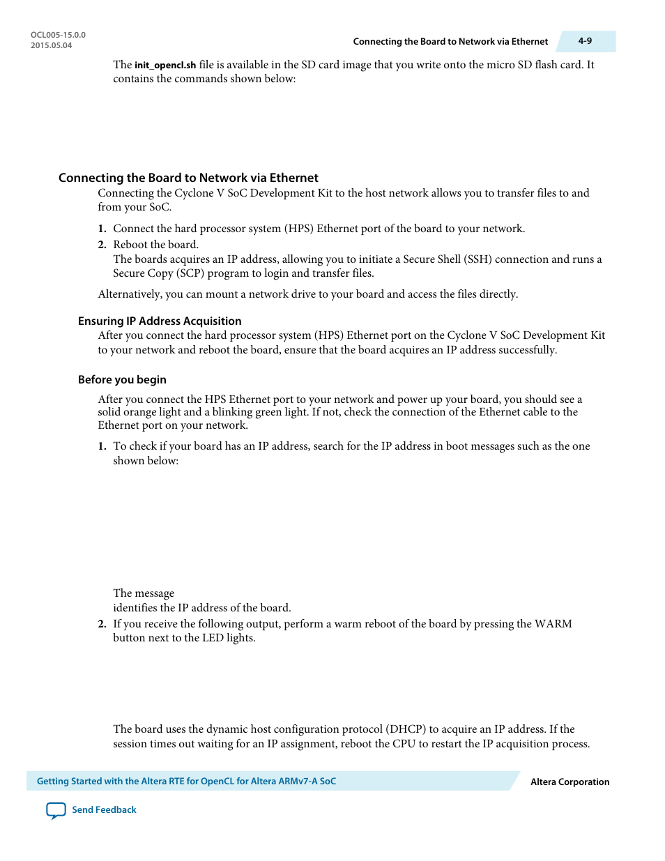 Connecting the board to network via ethernet, Ensuring ip address acquisition | Altera RTE for OpenCL User Manual | Page 38 / 53