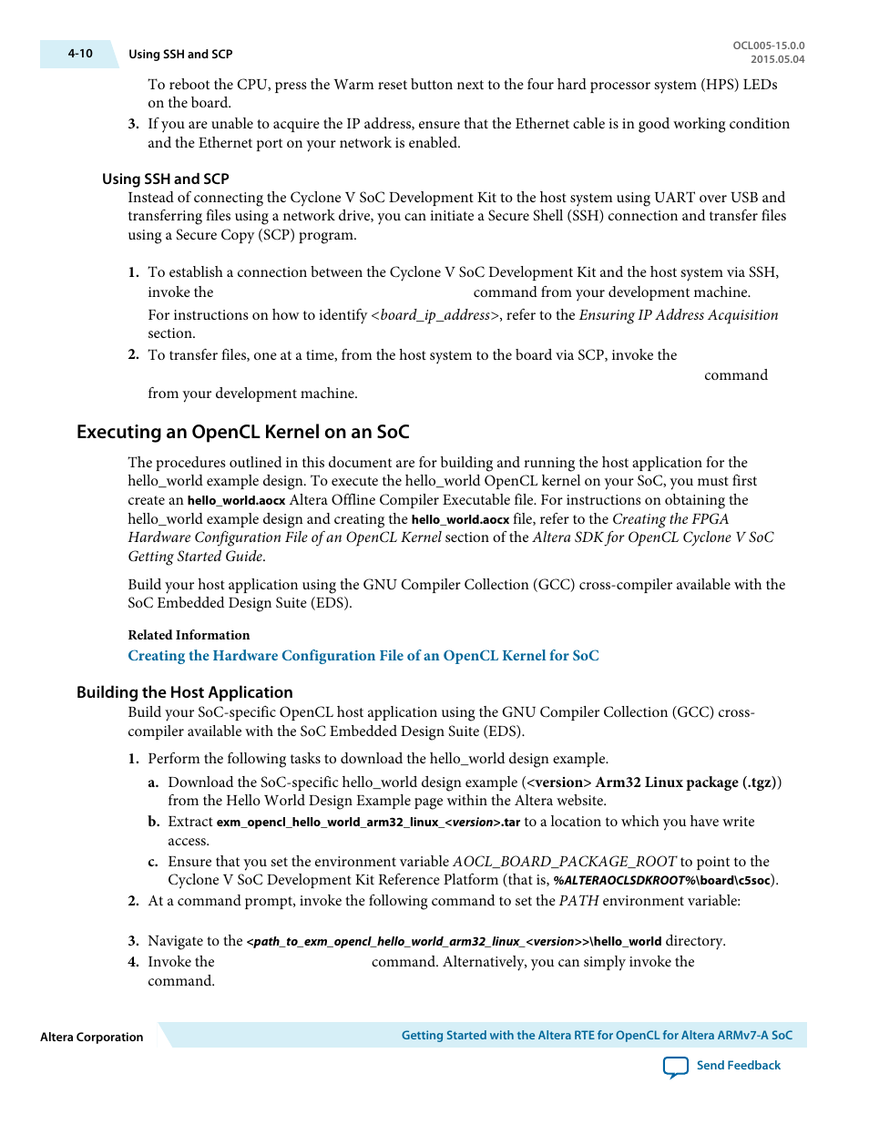 Using ssh and scp, Executing an opencl kernel on an soc, Building the host application | Executing an opencl kernel on an soc -10 | Altera RTE for OpenCL User Manual | Page 39 / 53