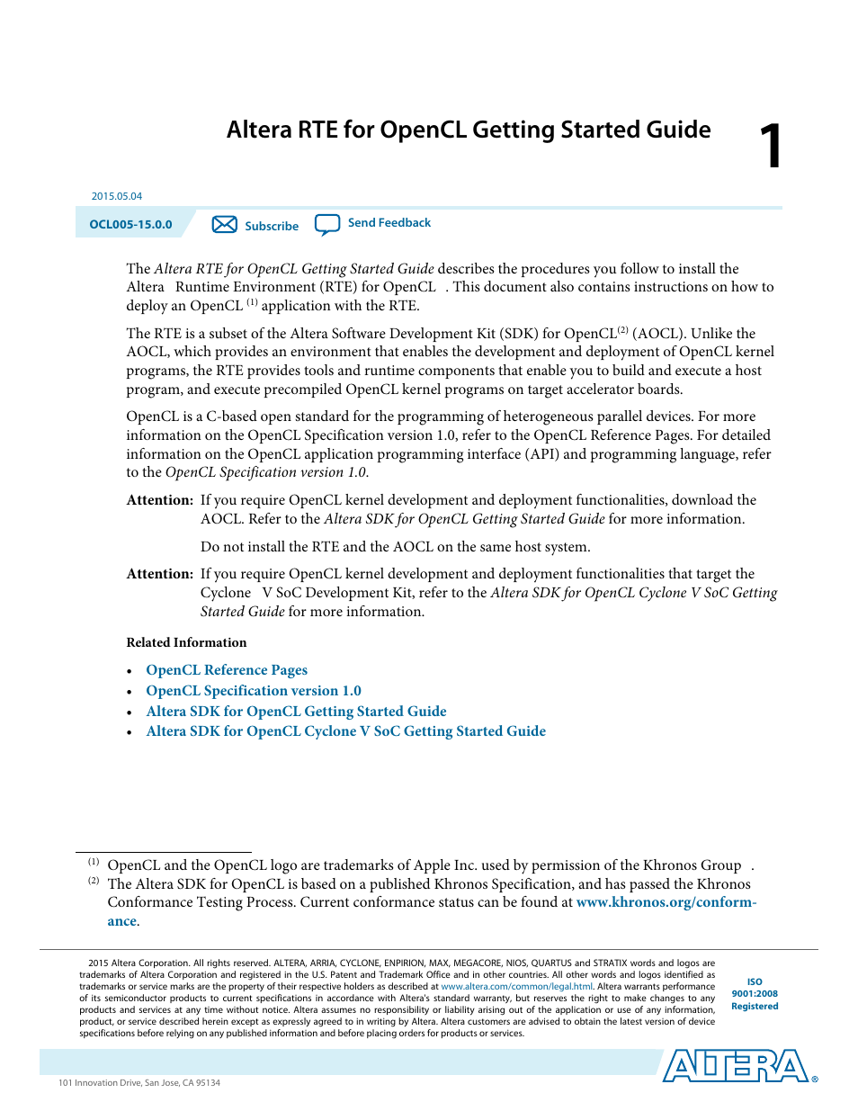 Altera rte for opencl getting started guide, Altera rte for opencl getting started guide -1 | Altera RTE for OpenCL User Manual | Page 4 / 53