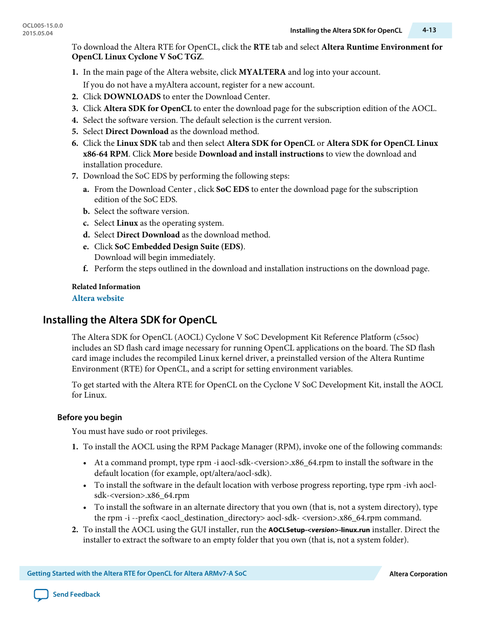 Installing the altera sdk for opencl, Installing the altera sdk for opencl -13 | Altera RTE for OpenCL User Manual | Page 42 / 53