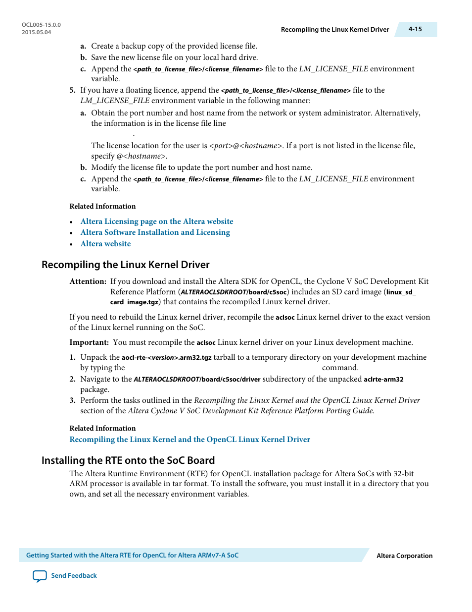 Recompiling the linux kernel driver, Installing the rte onto the soc board, Recompiling the linux kernel driver -15 | Installing the rte onto the soc board -15 | Altera RTE for OpenCL User Manual | Page 44 / 53