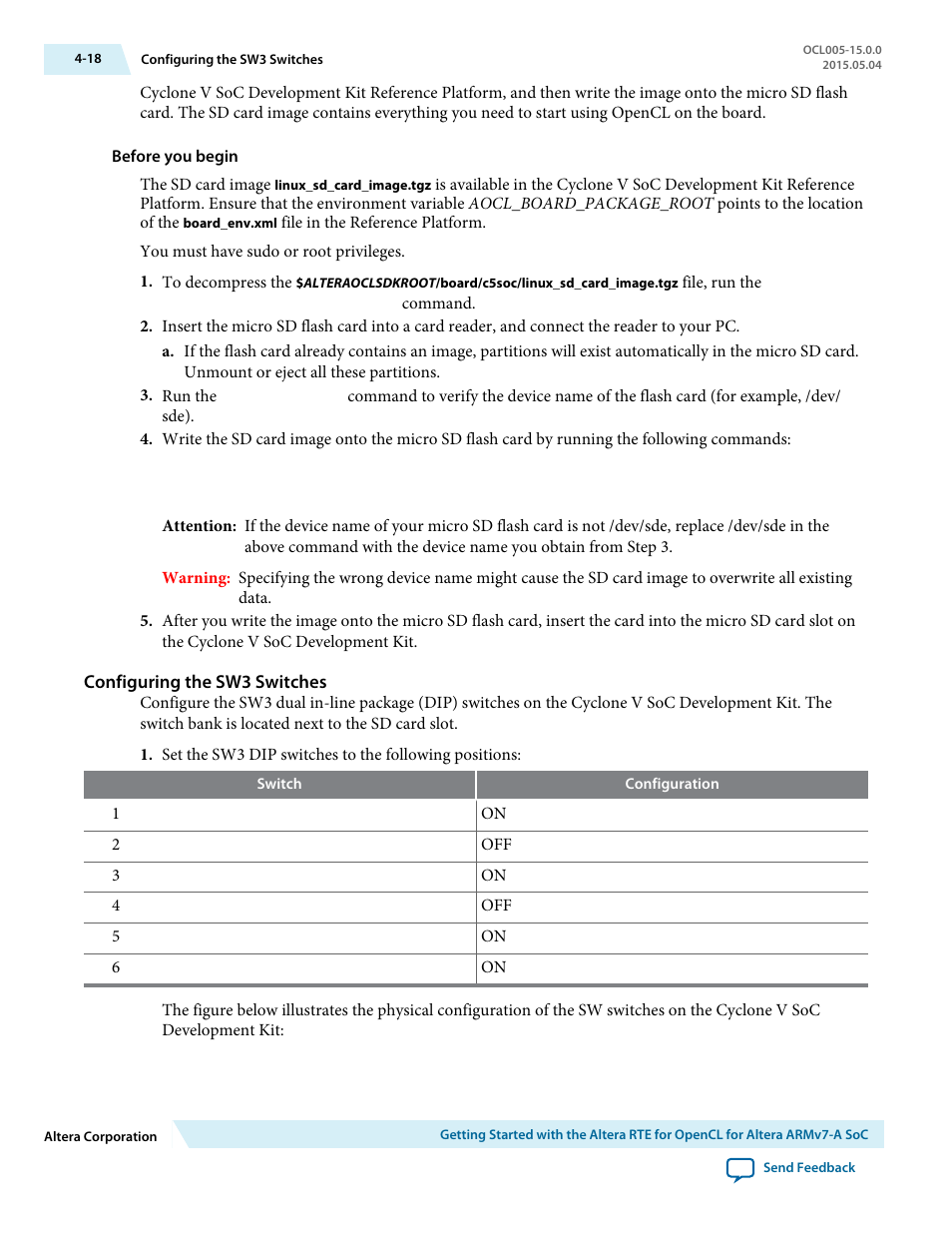 Configuring the sw3 switches | Altera RTE for OpenCL User Manual | Page 47 / 53