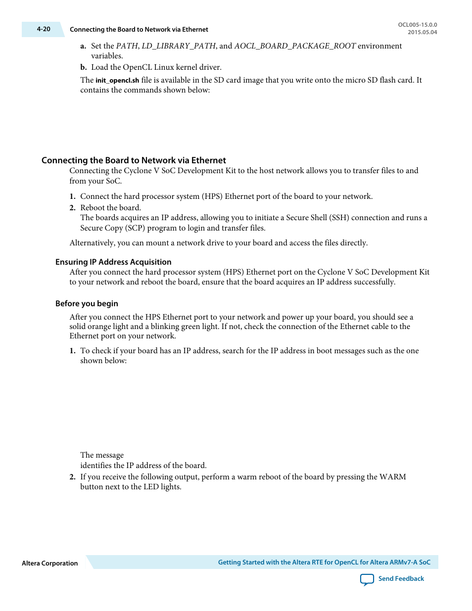 Connecting the board to network via ethernet, Ensuring ip address acquisition | Altera RTE for OpenCL User Manual | Page 49 / 53