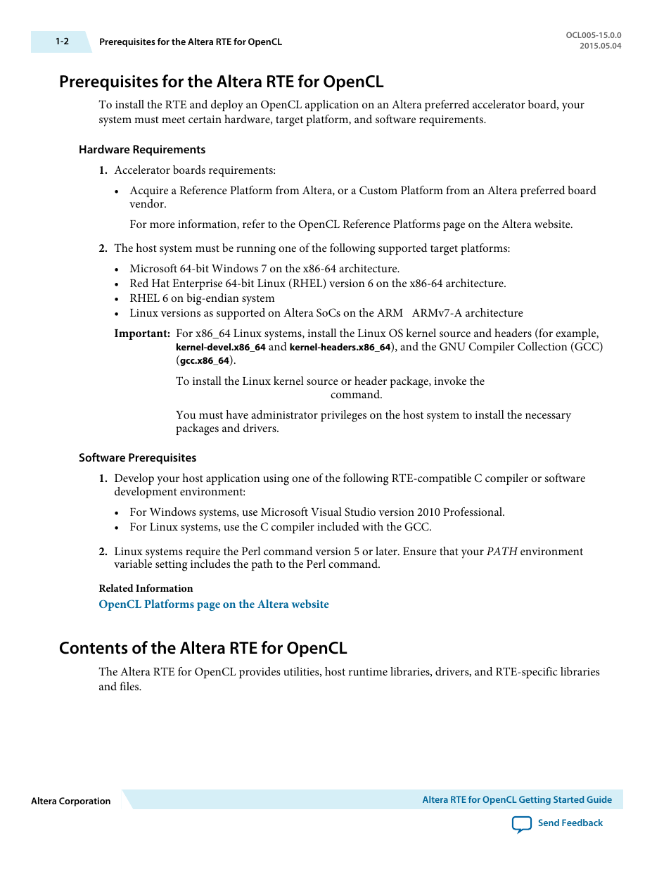 Prerequisites for the altera rte for opencl, Contents of the altera rte for opencl, Prerequisites for the altera rte for opencl -2 | Contents of the altera rte for opencl -2 | Altera RTE for OpenCL User Manual | Page 5 / 53
