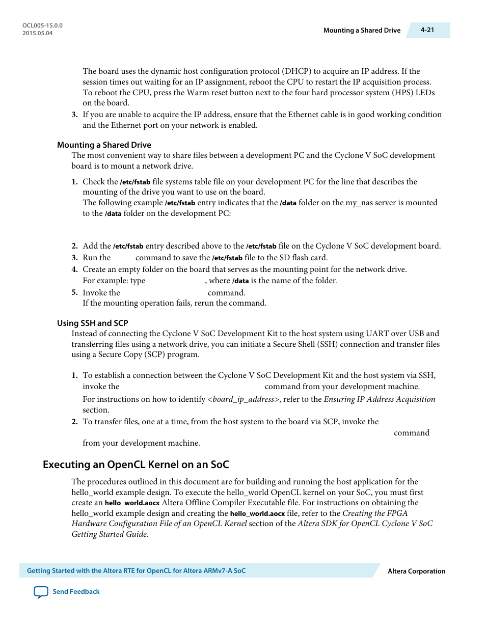 Mounting a shared drive, Using ssh and scp, Executing an opencl kernel on an soc | Executing an opencl kernel on an soc -21 | Altera RTE for OpenCL User Manual | Page 50 / 53