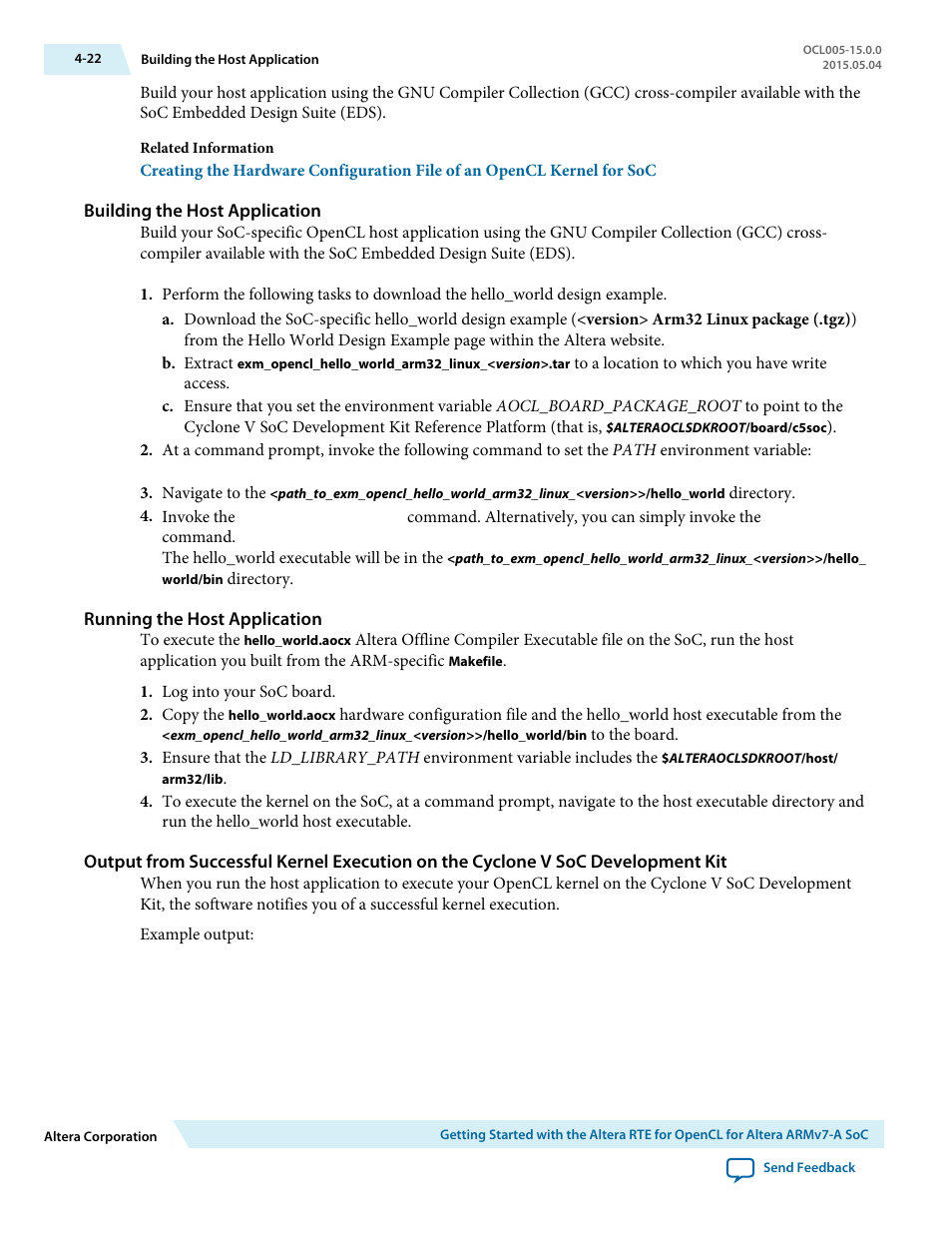 Building the host application, Running the host application | Altera RTE for OpenCL User Manual | Page 51 / 53