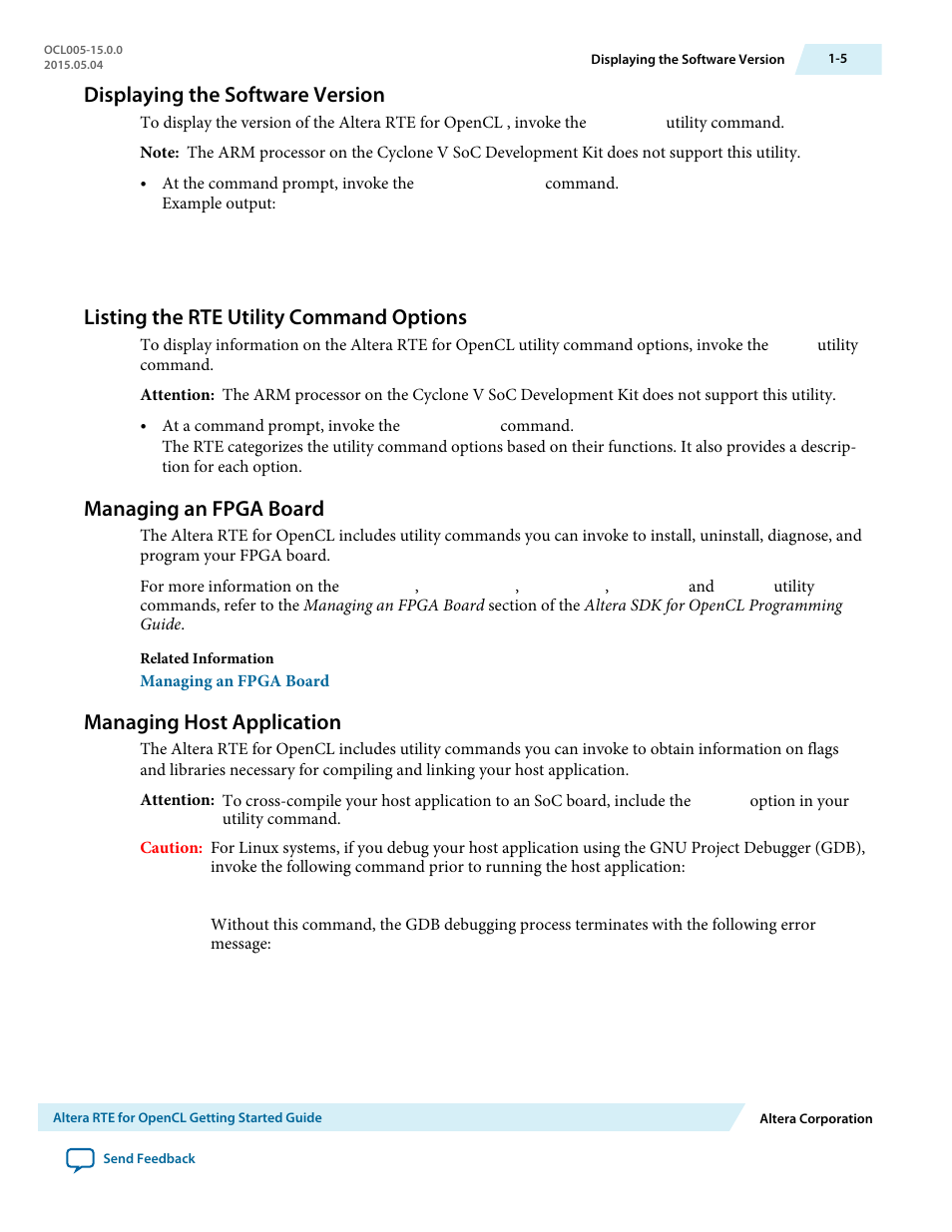 Displaying the software version, Listing the rte utility command options, Managing an fpga board | Managing host application, Displaying the software version -5, Listing the rte utility command options -5, Managing an fpga board -5, Managing host application -5 | Altera RTE for OpenCL User Manual | Page 8 / 53