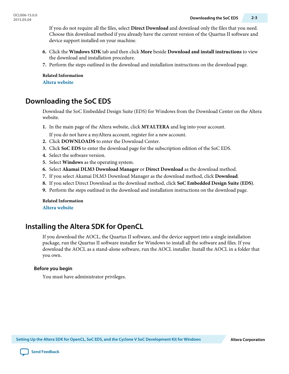 Downloading the soc eds, Installing the altera sdk for opencl, Downloading the soc eds -3 | Installing the altera sdk for opencl -3 | Altera SDK for OpenCL Cyclone V SoC User Manual | Page 12 / 39