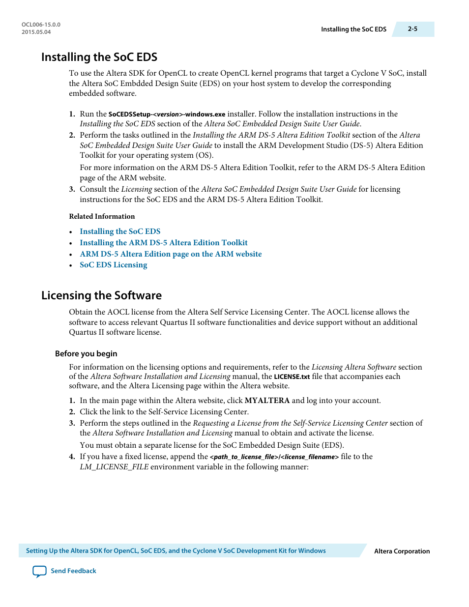 Installing the soc eds, Licensing the software, Installing the soc eds -5 | Licensing the software -5 | Altera SDK for OpenCL Cyclone V SoC User Manual | Page 14 / 39