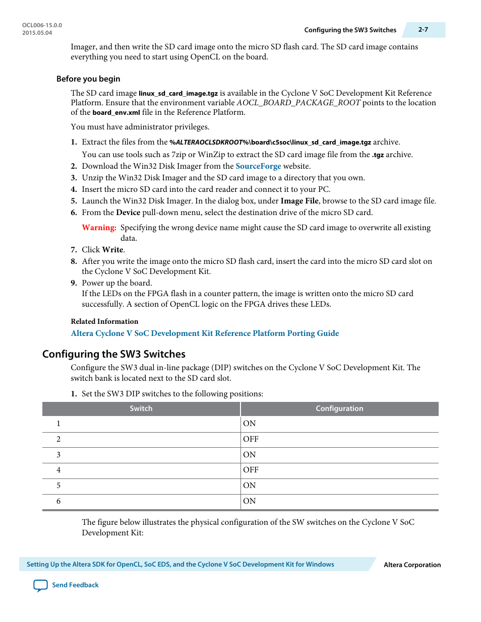 Configuring the sw3 switches, Configuring the sw3 switches -7 | Altera SDK for OpenCL Cyclone V SoC User Manual | Page 16 / 39