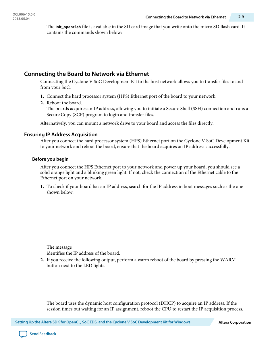 Connecting the board to network via ethernet, Ensuring ip address acquisition, Connecting the board to network via ethernet -9 | Altera SDK for OpenCL Cyclone V SoC User Manual | Page 18 / 39