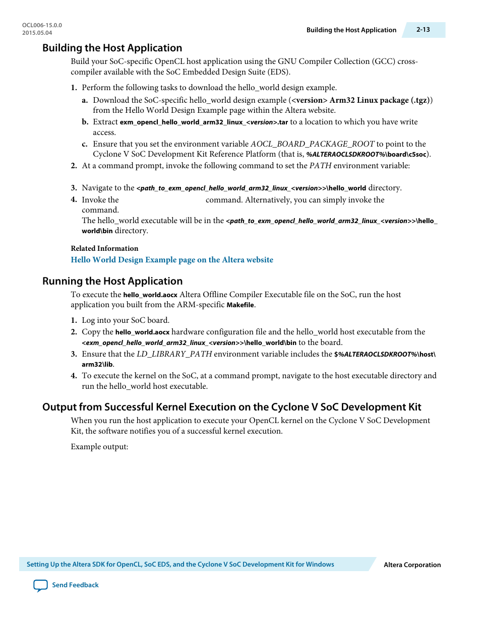 Building the host application, Running the host application, Building the host application -13 | Running the host application -13 | Altera SDK for OpenCL Cyclone V SoC User Manual | Page 22 / 39