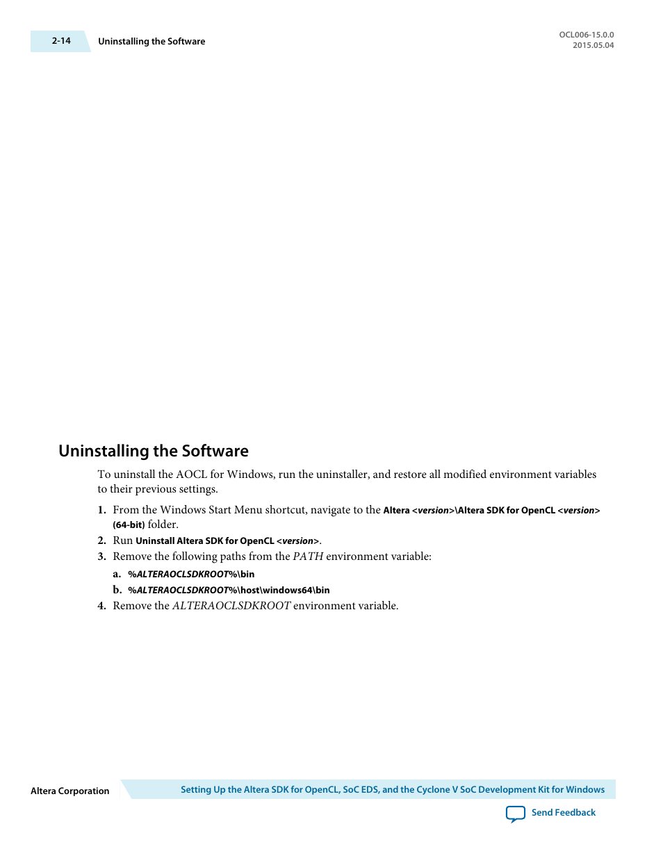 Uninstalling the software, Uninstalling the software -14 | Altera SDK for OpenCL Cyclone V SoC User Manual | Page 23 / 39