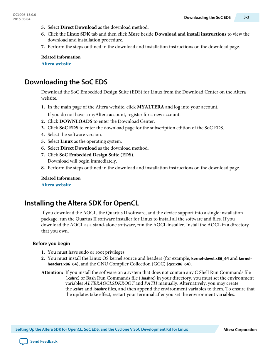 Downloading the soc eds, Installing the altera sdk for opencl, Downloading the soc eds -3 | Installing the altera sdk for opencl -3 | Altera SDK for OpenCL Cyclone V SoC User Manual | Page 26 / 39