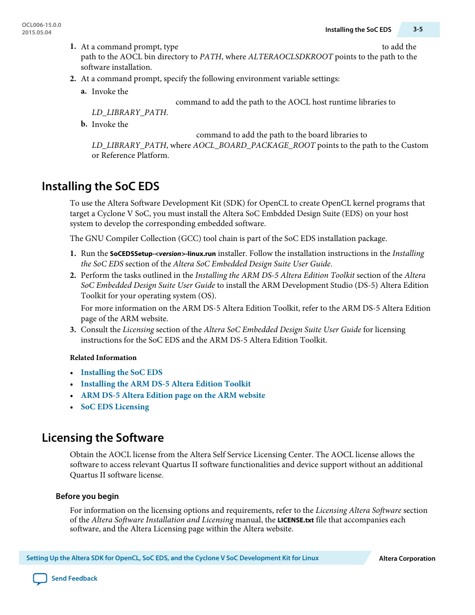 Installing the soc eds, Licensing the software, Installing the soc eds -5 | Licensing the software -5 | Altera SDK for OpenCL Cyclone V SoC User Manual | Page 28 / 39