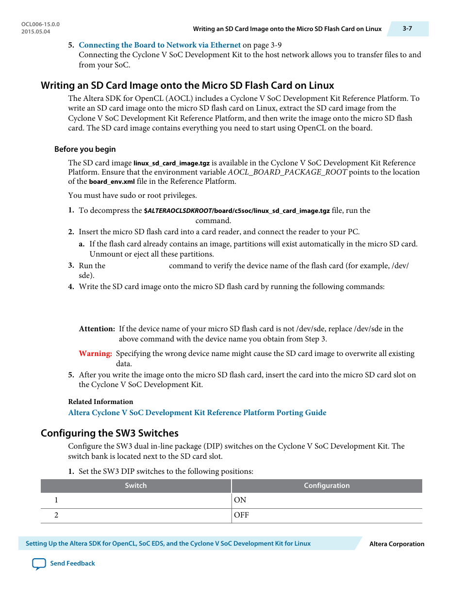 Configuring the sw3 switches, Configuring the sw3 switches -7 | Altera SDK for OpenCL Cyclone V SoC User Manual | Page 30 / 39