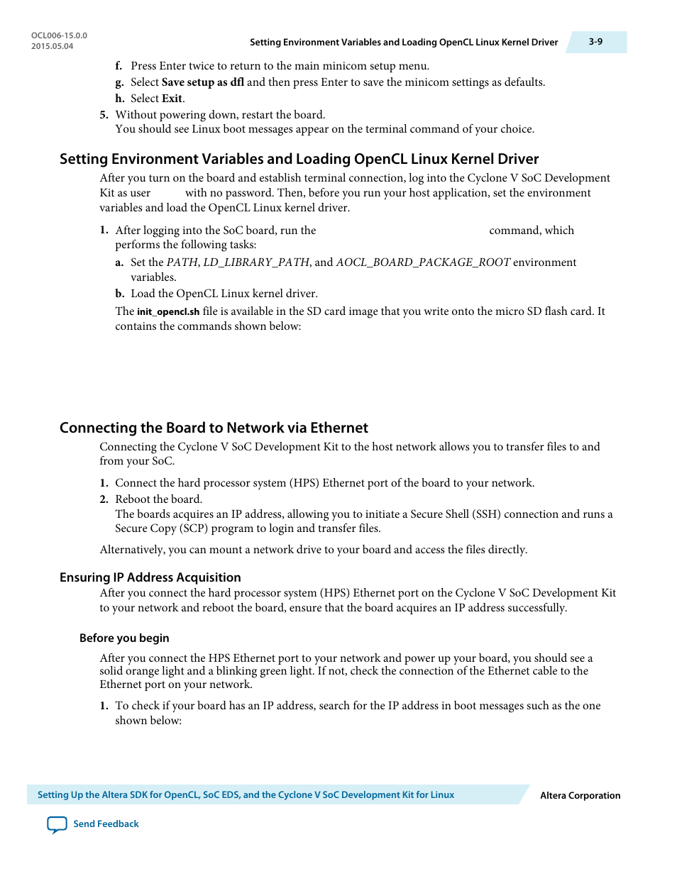 Connecting the board to network via ethernet, Ensuring ip address acquisition, Connecting the board to network via ethernet -9 | Altera SDK for OpenCL Cyclone V SoC User Manual | Page 32 / 39