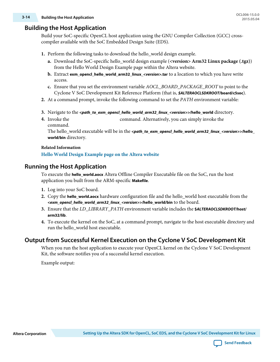 Building the host application, Running the host application, Building the host application -14 | Running the host application -14 | Altera SDK for OpenCL Cyclone V SoC User Manual | Page 37 / 39