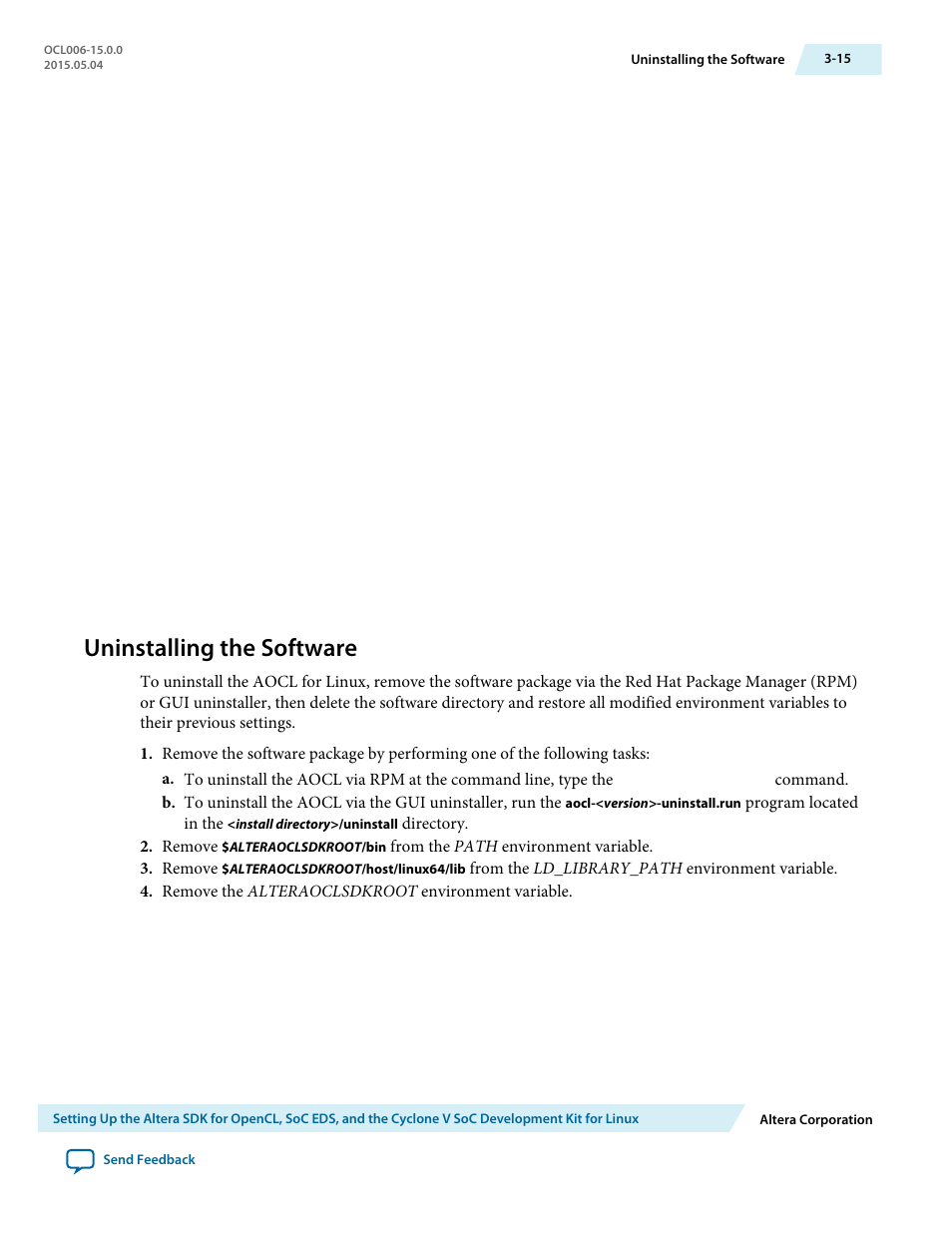 Uninstalling the software, Uninstalling the software -15 | Altera SDK for OpenCL Cyclone V SoC User Manual | Page 38 / 39