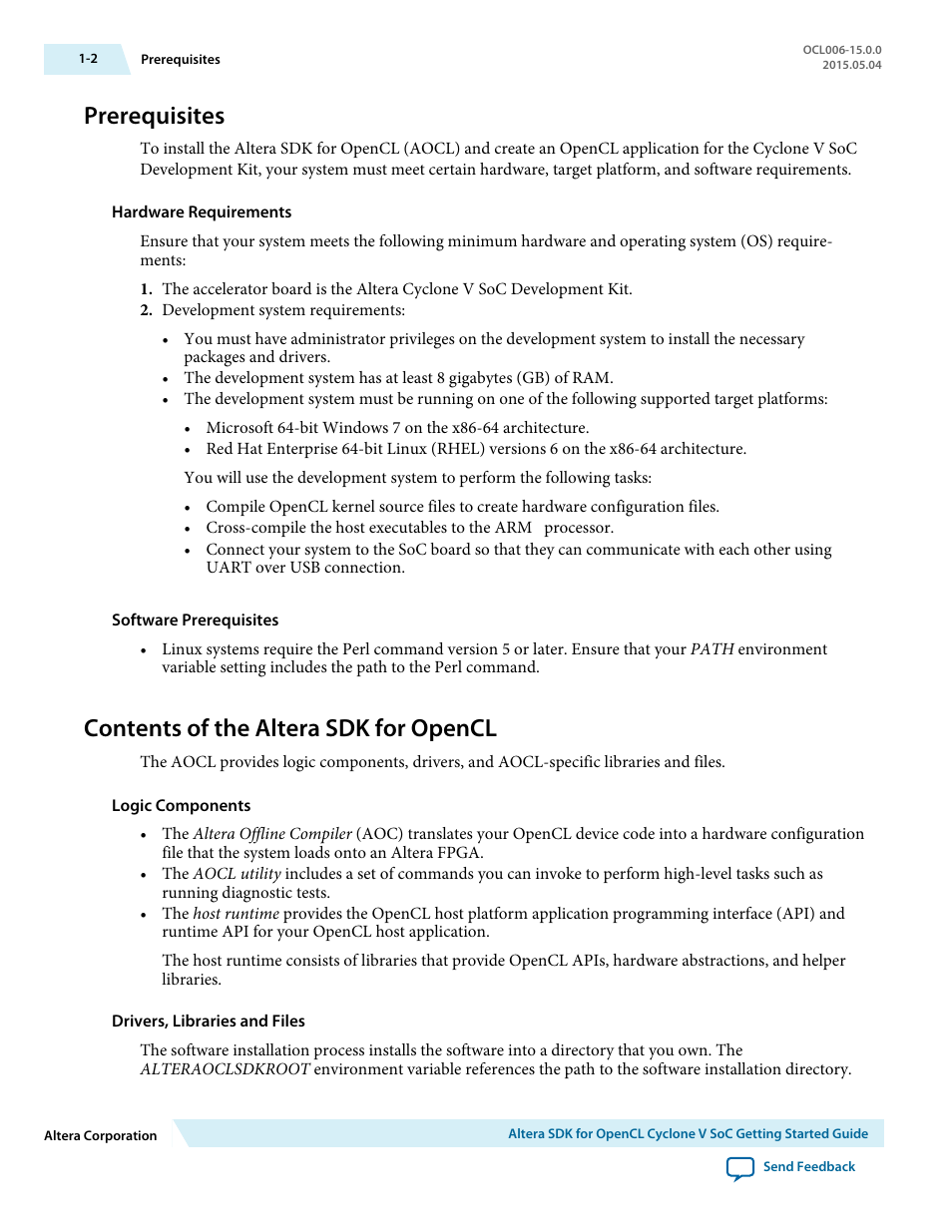 Prerequisites, Contents of the altera sdk for opencl, Prerequisites -2 | Contents of the altera sdk for opencl -2 | Altera SDK for OpenCL Cyclone V SoC User Manual | Page 5 / 39