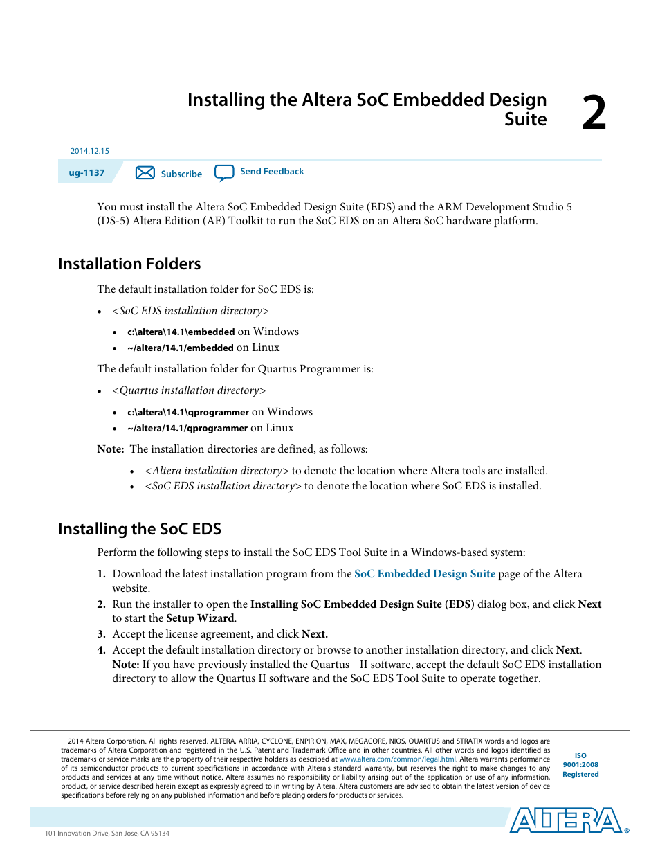 Installing the altera soc embedded design suite, Installation folders, Installing the soc eds | Installing the altera soc embedded design suite -1, Installation folders -1, Installing the soc eds -1 | Altera SoC Embedded Design Suite User Manual | Page 11 / 207