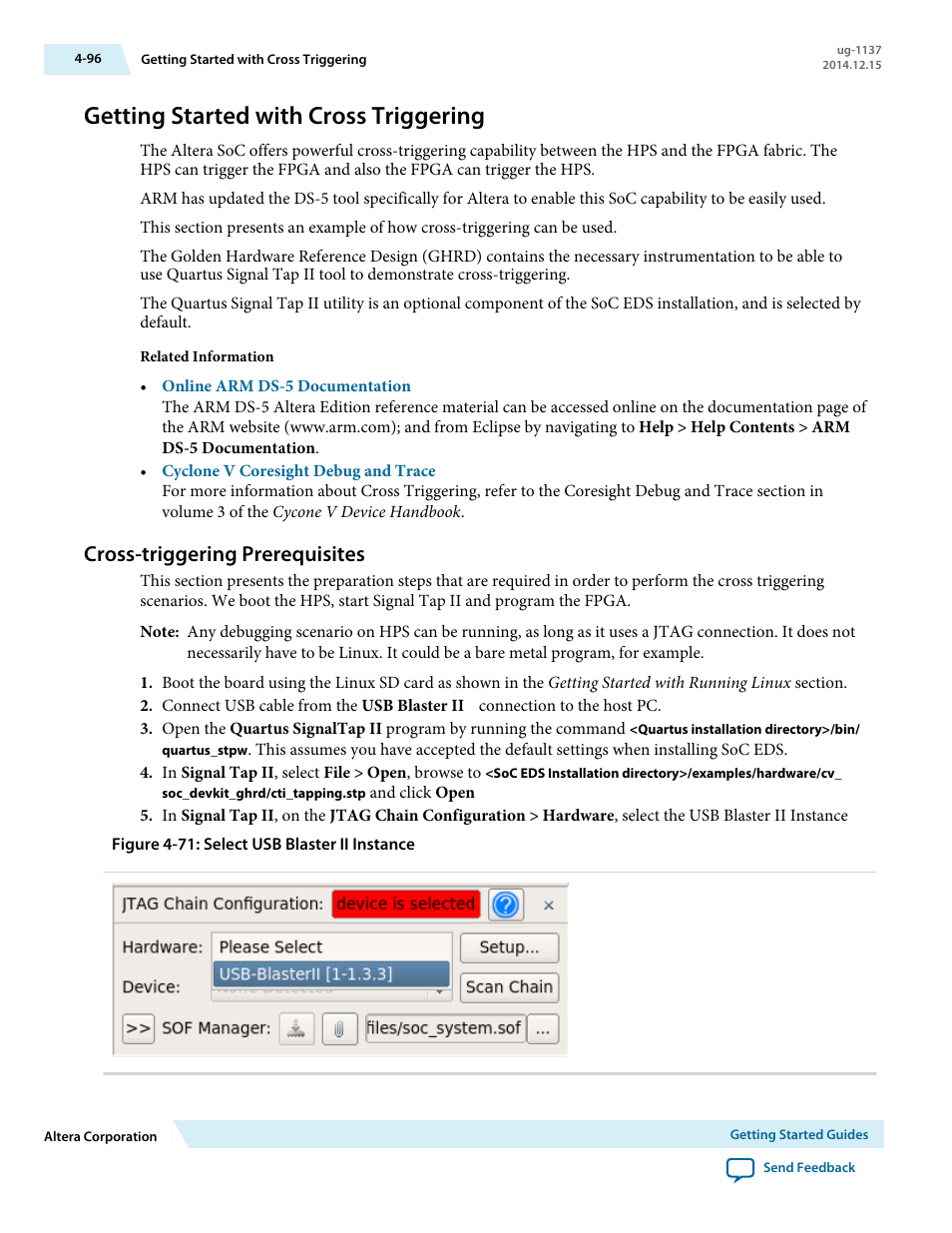 Getting started with cross triggering, Cross-triggering prerequisites, Getting started with cross triggering -96 | Cross-triggering prerequisites -96 | Altera SoC Embedded Design Suite User Manual | Page 115 / 207