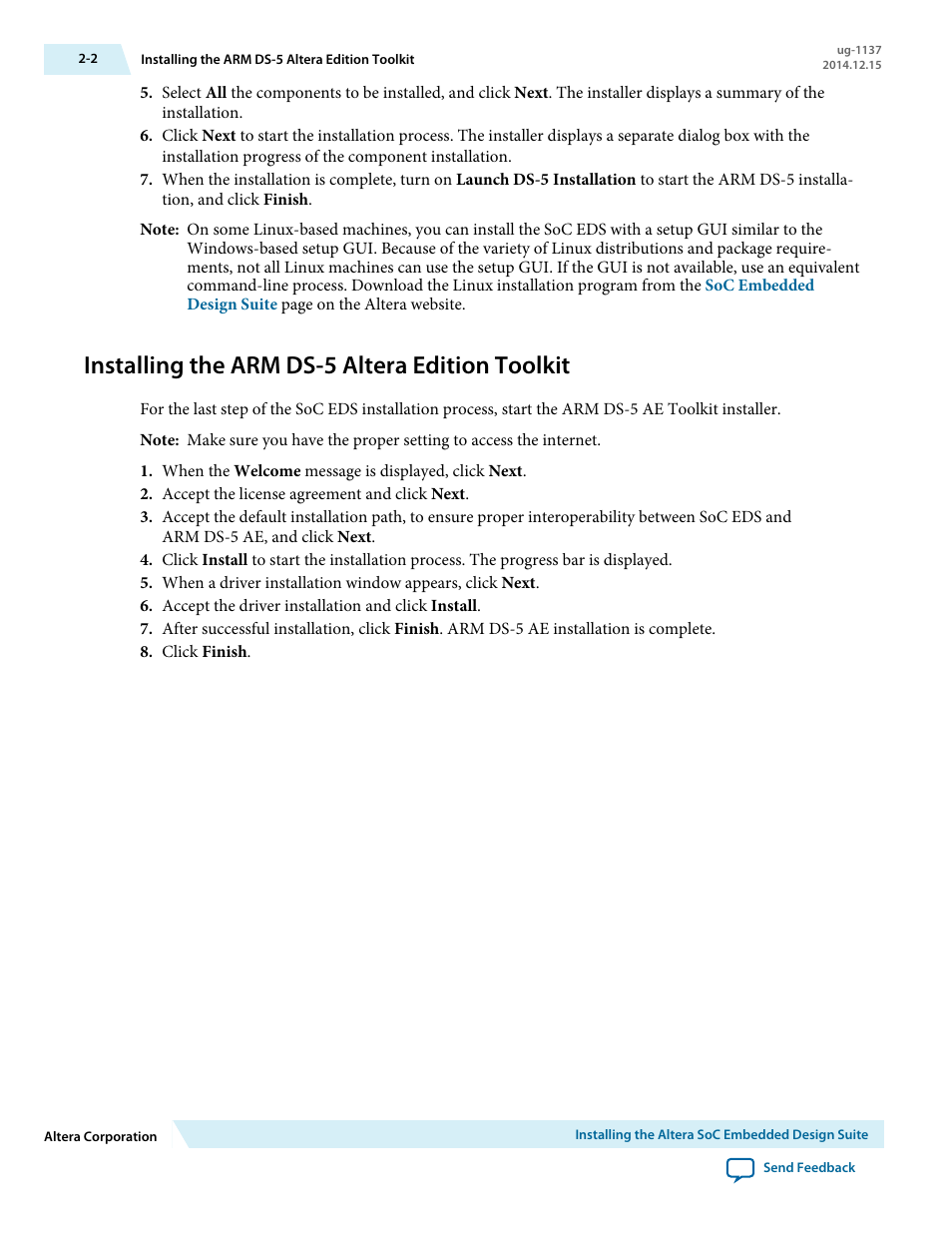 Installing the arm ds-5 altera edition toolkit, Installing the arm ds-5 altera edition toolkit -2 | Altera SoC Embedded Design Suite User Manual | Page 12 / 207