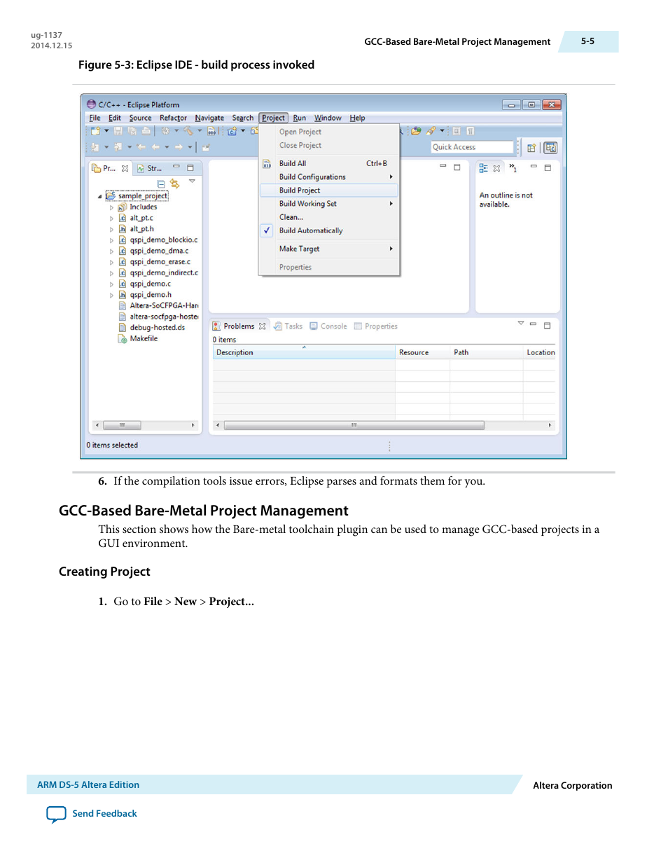 Gcc-based bare-metal project management, Creating project, Gcc-based bare-metal project management -5 | Altera SoC Embedded Design Suite User Manual | Page 130 / 207