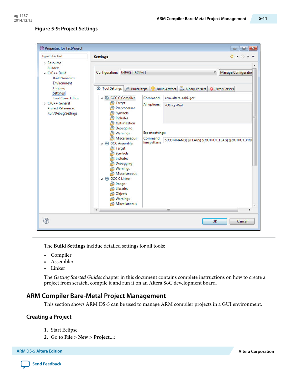 Arm compiler bare-metal project management, Creating a project, Arm compiler bare-metal project management -11 | Altera SoC Embedded Design Suite User Manual | Page 136 / 207